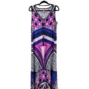 MAGIC Pink Geometic Multicolored Keyhole Tie Neckline Sleeveless Maxi Dress